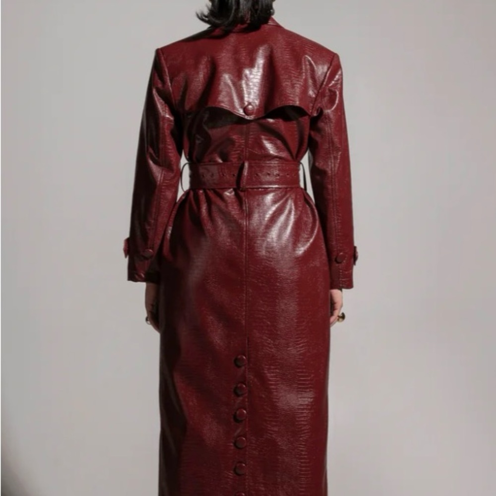 OFUURE Deep Red Leather Trench Coat - Picture 2 of 3